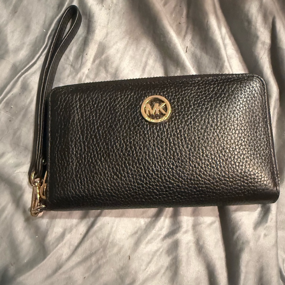 Michael Kors Black Leather Wristlet with Gold Logo